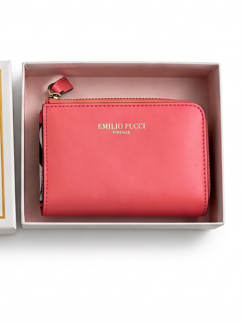 Emilio Pucci Coral Leather 3/4 Zip Compact Wallet w/ Box & COA